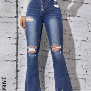 SHEIN Privé Jeans de pierna amplia con botón desgarro bajo crudo